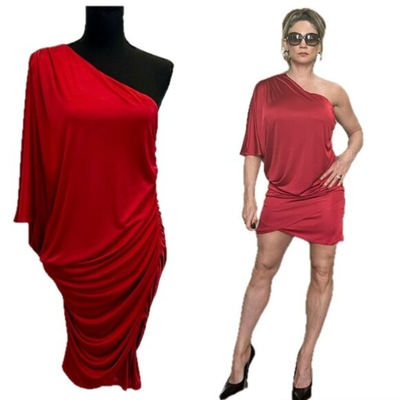 Le Chateau red one shoulder draped ruched web sleeve mini cocktail dress M - Picture 15 of 15